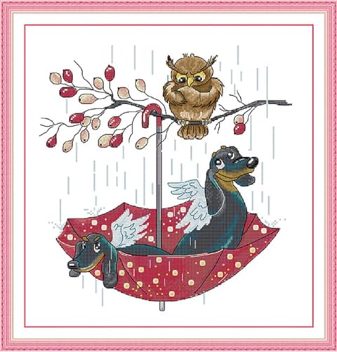 Qeerysew Kreuzstich-Set, geprägt, komplettes Sortiment an Stickerei-Starter-Sets für Anfänger, zum Selbermachen, gedruckte Kits Eule und Engelhund (bedruckt), 11 CT20,2 x 53,1 cm von Qeerysew