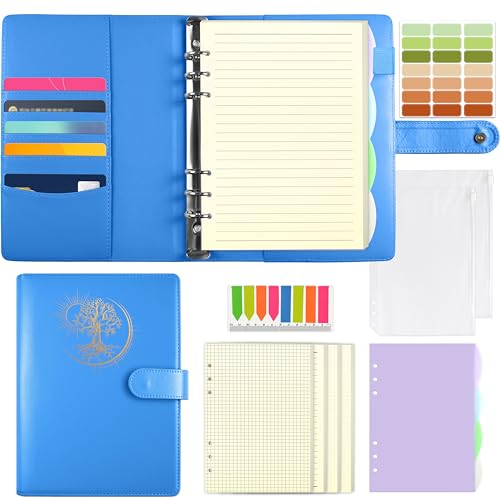 Qefuna A5-Ringbuch, PU-Einband mit auf Folie geprägtem Sun Tree of Life-Motiv, Notizbuch mit 180 Nachfüllblättern, Taschen und Trennblättern，Blau von Qefuna