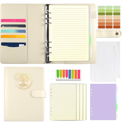 Qefuna A5 Ringbuch,Ringbuch A5 nachfüllbar,PU Einband mit Folienprägung Sun Tree of Life Muster, mit180 Blatt A5 Nachfüllpapier,A5 Notizbuch mit Einstecktaschen und Trennblättern，Beige von Qefuna