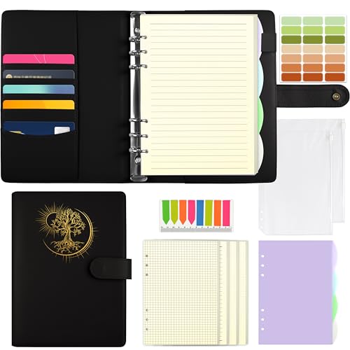 Qefuna A5 Ringbuch,Ringbuch A5 nachfüllbar,PU Einband mit Folienprägung Sun Tree of Life Muster, mit180 Blatt A5 Nachfüllpapier,A5 Notizbuch mit Einstecktaschen und Trennblättern，Schwarz von Qefuna
