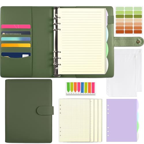 Qefuna A5 Ringbuch,Ringbuch A5 nachfüllbar mit180 Blatt A5 Nachfüllpapier, Notizbuch A5 mit Bindetaschen und Unterteilungen, A5 Binder für Männer und Frauen，Grün von Qefuna