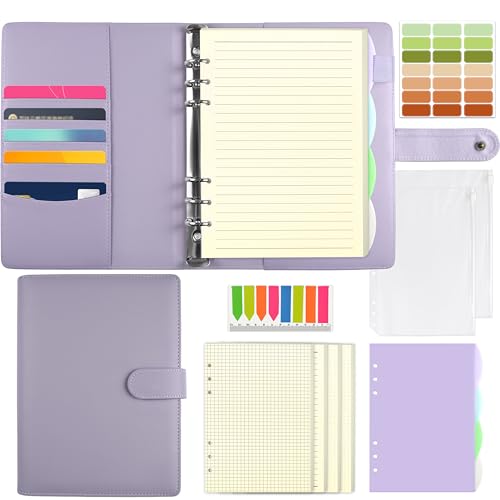 Qefuna A5 Ringbuch,Ringbuch A5 nachfüllbar mit180 Blatt A5 Nachfüllpapier, Notizbuch A5 mit Bindetaschen und Unterteilungen, A5 Binder für Männer und Frauen，Lila von Qefuna