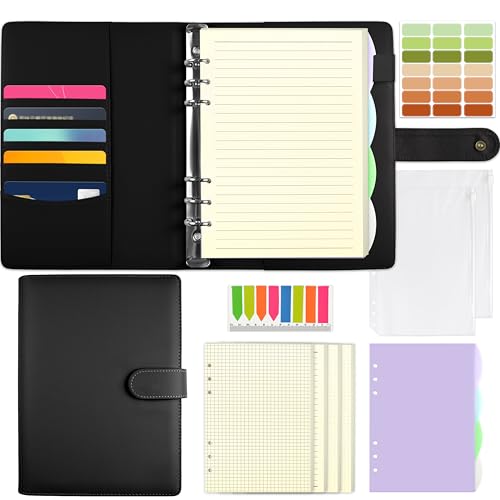 Qefuna A5 Ringbuch,Ringbuch A5 nachfüllbar mit180 Blatt A5 Nachfüllpapier, Notizbuch A5 mit Bindetaschen und Unterteilungen, A5 Binder für Männer und Frauen，Schwarz von Qefuna