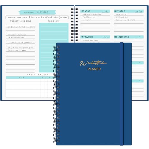 Qefuna Undatierter Wochenplaner,Terminplaner A5,wöchentlicher Terminkalender mit To-Do-Liste,PP Shell,104 Seiten 100 Gramm Papier,dem Hardcover -Ringordner，auf Deutsch(Blau) von Qefuna