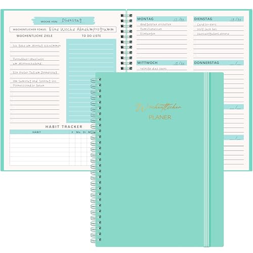 Qefuna Undatierter Wochenplaner,Terminplaner A5,wöchentlicher Terminkalender mit To-Do-Liste,PP Shell,104 Seiten 100 Gramm Papier,dem Hardcover -Ringordner，auf Deutsch(Blau Grün) von Qefuna