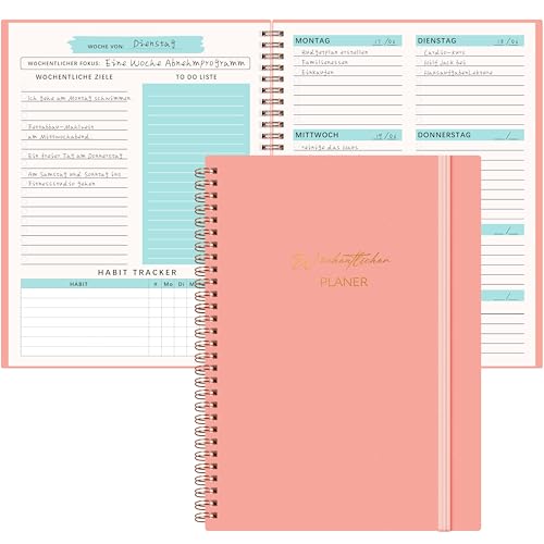Qefuna Undatierter Wochenplaner,Terminplaner A5,wöchentlicher Terminkalender mit To-Do-Liste,PP Shell,104 Seiten 100 Gramm Papier,dem Hardcover -Ringordner，auf Deutsch(Rosa) von Qefuna