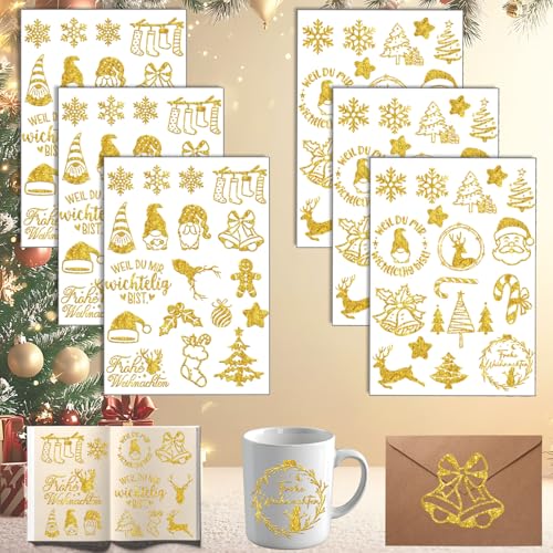 6 Blätter Weihnachten Glitzer Aufkleber,Glitzer Sticker Gold Weihnachtssticker,Weihnachtssticker Selbstklebend Glitzer Gold,Weihnachtssticker glitzer,für DIY Scrapbooking Frohe Weihnachten von Qeioauek