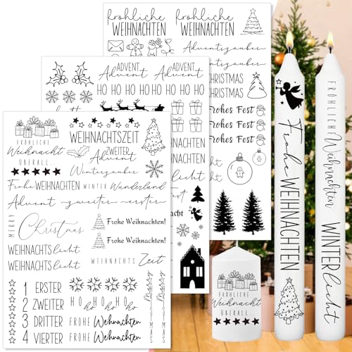 Kerzen Tattoo Weihnachten,3 Stück DIN A4 Kerzen Tattoofolie，Wasserschiebefolie Stabkerzen,Sprüche zum Verschenken，für Kerzen/Keramik，DIY Geschenk (Weihnachten Ⅲ) von Qeioauek