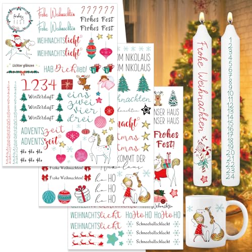 Kerzen Tattoo Weihnachten,3 Stück DIN A4 Kerzen Tattoofolie，Wasserschiebefolie Stabkerzen,Sprüche zum Verschenken，für Kerzen/Keramik，DIY Geschenk (Weihnachten Ⅰ) von Qeioauek