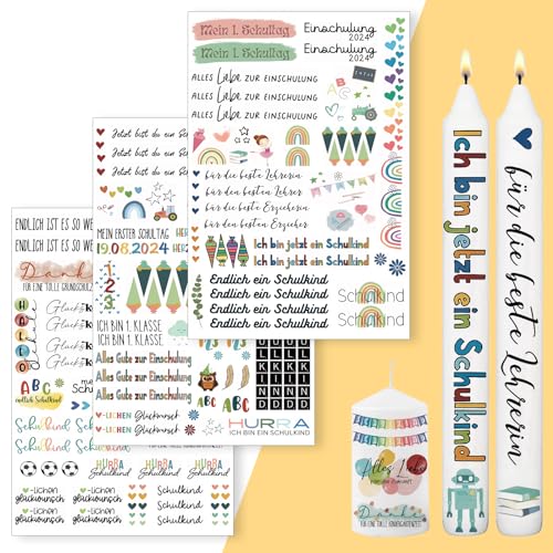 Qeioauek Kerzen Tattoo Schulbeginn, 3 Stück A4 Kerzentattoos, Profi Wasserschiebefolie Kerzenfolie, Kerzensticker für Einschulung und DIY Geschenke (Einschulung-B) von Qeioauek