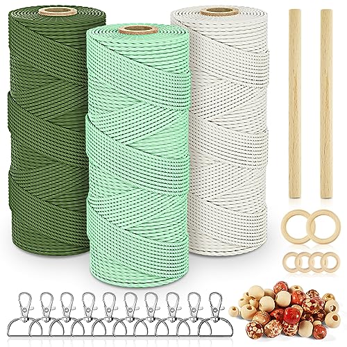 Qetlavee 3stk Makramee Garn,Baumwolle Makramee Baumwollgarn Bunt Farbverlauf für DIY Boho Deko Handwerk Mit 10 Schlüsselanhänger 40 Holzperlen 6 Holzringe 2 Rundstab(2mm x 100m) von Qetlavee