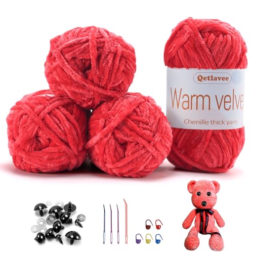 Qetlavee 4 x 100 g (4 x 80 m) Chenille Wolle Samtig Baby Wolle, Flauschige Weiche Chenille Garn Dicke Wolle zum Häkeln, mit Viele Zubehör, für Decken, Schals, Taschen, Puppen (Rot) von Qetlavee