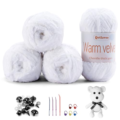 Qetlavee 4 x 100 g (4 x 80 m) Chenille Wolle Samtig Baby Wolle, Flauschige Weiche Chenille Garn Dicke Wolle zum Häkeln, mit Viele Zubehör, für Decken, Schals, Taschen, Puppen (Weiss) von Qetlavee