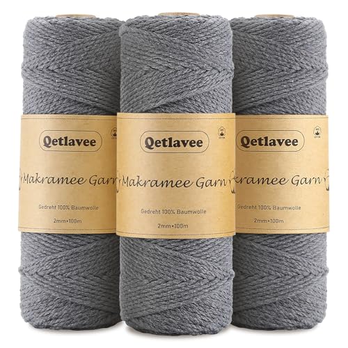 Qetlavee Premium Makramee Garn 3er Set | 2mm x 100M | 100% Natürliche Baumwollgarn | Plastikfreie Verpackung | Baumwollkordel | Baumwollseil für DIY Handwerk Stricken (Grau) von Qetlavee