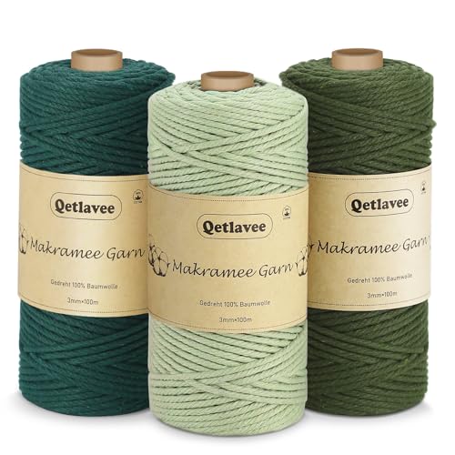 Qetlavee Premium Makramee Garn 3er Set | 3mm x 100M | 100% Natürliche Baumwollgarn | Plastikfreie Verpackung | Baumwollkordel | Baumwollseil für DIY Handwerk Stricken (Grün) von Qetlavee