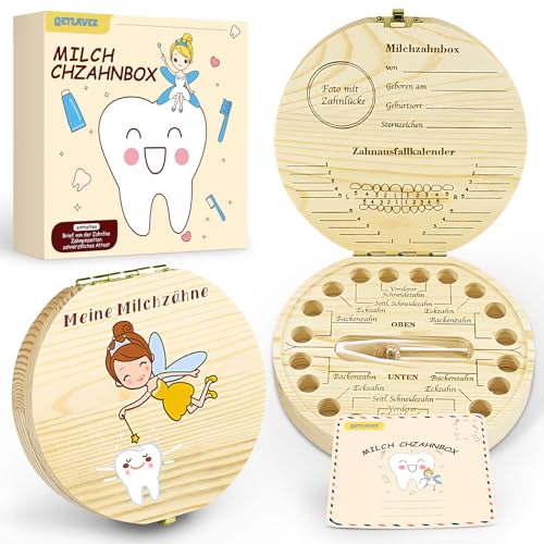 Qetlavee Zahndose Holz,Milchzahndose,Zahnbox Holz Milchzähne Box mit Pinzette&Wunschflasche,Aufbewahrungsbox für Kinder Zähne,Erinnerungsboxen für Babys(Zahnfee-2) von Qetlavee