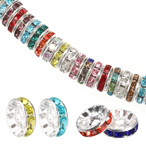 100 Stück 10 mm große Loch, Strass-Abstandhalter, versilbert, gemischte Farben, Perlen, Rondelle, Kristall-Strass-Abstandhalter, lose Perlen für Schmuckherstellung, Armbänder, Halsketten, Ohrringe 100 Stück 10 mm große Loch, Strass-Abstandhalter, versilbert, gemischte Farben, Perlen, Rondelle, Kristall-Strass-Abstandhalter, lose Perlen für Schmuckherstellung, Armbänder, Halsketten, Ohrringe von QfwdfcTrenz