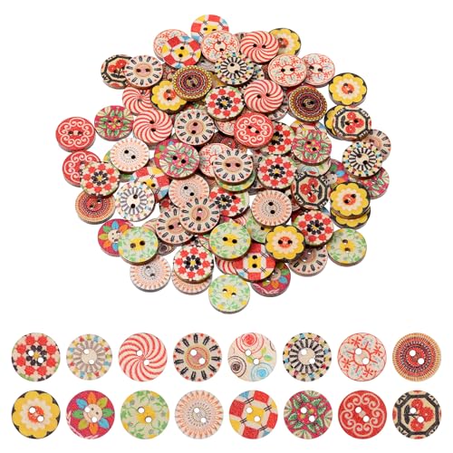 100 Stück Bunte Holzknöpf 15 mm Vintage Holz Nähen Knöpfe 2 Löcher Runde Holzknöpfe zum Basteln Retro Harz Holzknöpfe NäHen KnöPfe Blume Malerei Geometrishes Muster zum DIY Basteln von QfwdfcTrenz