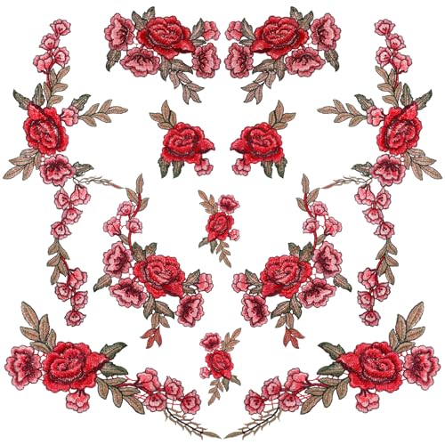 Aufnäher mit roten Rosen, bestickt, Pfingstrose, Blume, zum Aufnähen oder Aufbügeln, Boho-Stoffaufnäher für Kragen, Brust, Kleid, Tasche, Schuhe, 12 Stück Aufnäher mit roten Rosen, bestickt, Pfingstrose, Blume, zum Aufnähen oder Aufbügeln, Boho-Stoffaufnäher für Kragen, Brust, Kleid, Tasche, Schuhe, 12 Stück von QfwdfcTrenz