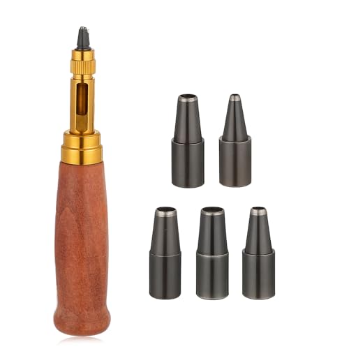 Verstellbarer Schraubenstanzer, Leder-Lochstanzer mit 6 austauschbaren Spitzen (1,5 mm/2 mm/2,5 mm/3 mm/3,5 mm/4 mm), Holzgriff, Gürtellocher, Schraubenlocher für Lederhandwerk, Nähen, Buchbinden von QfwdfcTrenz