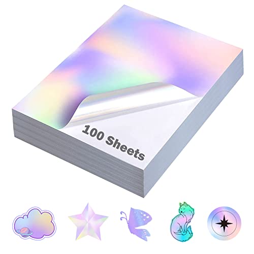 Holografisches Stickerpapier, 21.6 x 27.9 cm, für Tintenstrahldrucker und Laserdrucker, US-Briefgröße, holografisch, bedruckbar, Vinyl, Regenbogen-Aufkleber, Klebstoff, wasserdichtes Vinyl (100) von QiXin