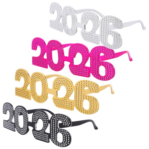 QianShi 4 Stück Neujahrsbrillen 2026 Kunststoff Nummer Strass Brillenrahmen Neuheit Lustige Brillen Abschlussfeier Party Dekorationen Zubehör Photo Booth Requisiten Weihnachten Kostüm Zubehör von QianShi