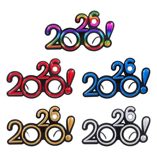 QianShi 5 Stück Neujahrsbrillen 2026 Kunststoff Nummer Brille Rahmen Neuheit Lustige Brille Abschlussfeier Party Dekorationen Zubehör Geburtstag Foto Booth Requisiten Weihnachten Kostüm Zubehör von QianShi