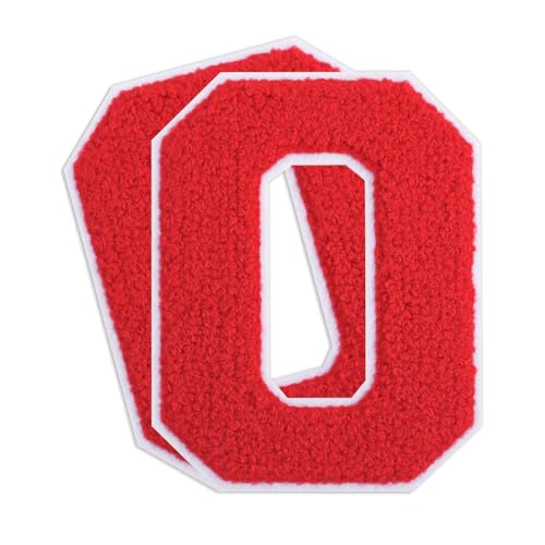 QianSiLi Chenille-Aufnäher zum Aufbügeln für Kleidung, bestickt, zum Aufbügeln, Zahlen für Fußball-Shirts, Kleidung, Jacke, Kapuzenpullover, Varsity, 2 Stück (Rot, 0) von QianSiLi