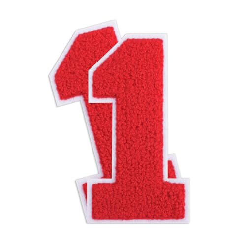 QianSiLi Chenille-Aufnäher zum Aufbügeln für Kleidung, bestickt, zum Aufbügeln, Zahlen für Fußball-Shirts, Kleidung, Jacke, Kapuzenpullover, Varsity, 2 Stück (Rot, 1) von QianSiLi