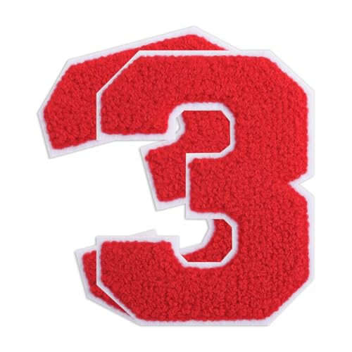 QianSiLi Chenille-Aufnäher zum Aufbügeln für Kleidung, bestickt, zum Aufbügeln, Zahlen für Fußball-Shirts, Kleidung, Jacke, Kapuzenpullover, Varsity, 2 Stück (Rot, 3) von QianSiLi