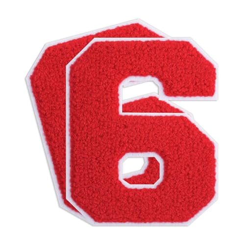 QianSiLi Chenille-Aufnäher zum Aufbügeln für Kleidung, bestickt, zum Aufbügeln, Zahlen für Fußball-Shirts, Kleidung, Jacke, Kapuzenpullover, Varsity, 2 Stück (Rot, 6) von QianSiLi