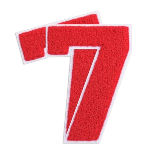 QianSiLi Chenille-Aufnäher zum Aufbügeln für Kleidung, bestickt, zum Aufbügeln, Zahlen für Fußball-Shirts, Kleidung, Jacke, Kapuzenpullover, Varsity, 2 Stück (Rot, 7) von QianSiLi