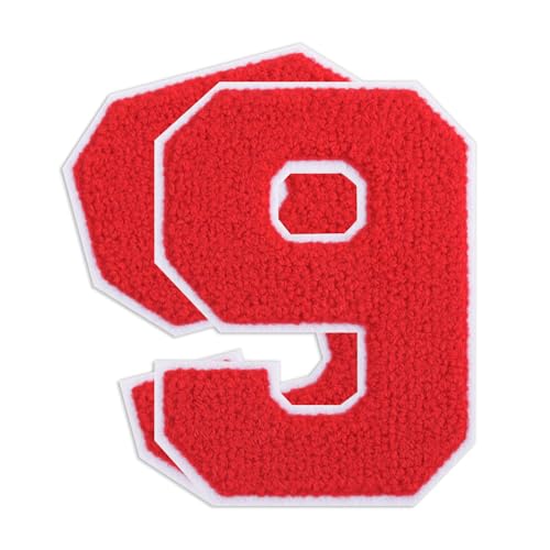 QianSiLi Chenille-Aufnäher zum Aufbügeln für Kleidung, bestickt, zum Aufbügeln, Zahlen für Fußball-Shirts, Kleidung, Jacke, Kapuzenpullover, Varsity, 2 Stück (Rot, 9) von QianSiLi