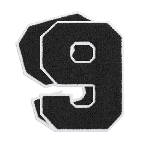QianSiLi Chenille-Aufnäher zum Aufbügeln für Kleidung, bestickt, zum Aufbügeln, Zahlen für Fußball-Shirts, Kleidung, Jacke, Kapuzenpullover, Varsity, 2 Stück (Schwarz, 9) von QianSiLi