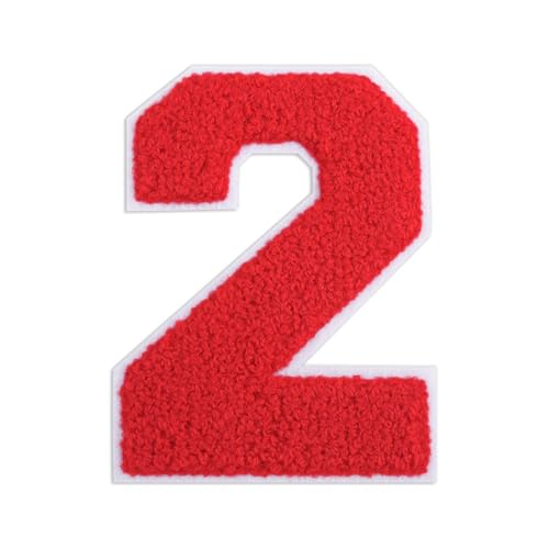 QianSiLi Chenille-Aufnäher zum Aufbügeln für Kleidung, bestickt, zum Aufbügeln, Zahlen für Fußball-Shirts, Kleidung, Jacke, Kapuzenpullover, Varsity (Rot, 2) von QianSiLi