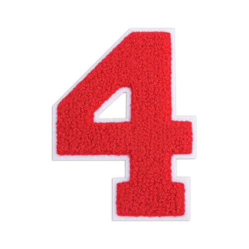QianSiLi Chenille-Aufnäher zum Aufbügeln für Kleidung, bestickt, zum Aufbügeln, Zahlen für Fußball-Shirts, Kleidung, Jacke, Kapuzenpullover, Varsity (Rot, 4) von QianSiLi