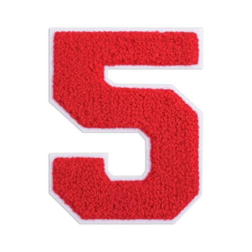 QianSiLi Chenille-Aufnäher zum Aufbügeln für Kleidung, bestickt, zum Aufbügeln, Zahlen für Fußball-Shirts, Kleidung, Jacke, Kapuzenpullover, Varsity (Rot, 5) von QianSiLi