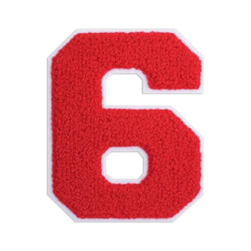 QianSiLi Chenille-Aufnäher zum Aufbügeln für Kleidung, bestickt, zum Aufbügeln, Zahlen für Fußball-Shirts, Kleidung, Jacke, Kapuzenpullover, Varsity (Rot, 6) von QianSiLi