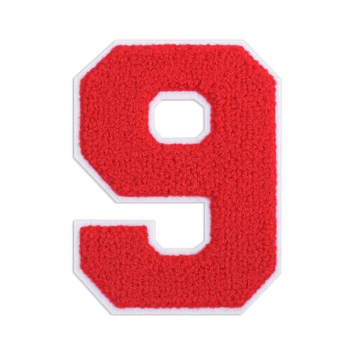 QianSiLi Chenille-Aufnäher zum Aufbügeln für Kleidung, bestickt, zum Aufbügeln, Zahlen für Fußball-Shirts, Kleidung, Jacke, Kapuzenpullover, Varsity (Rot, 9) von QianSiLi