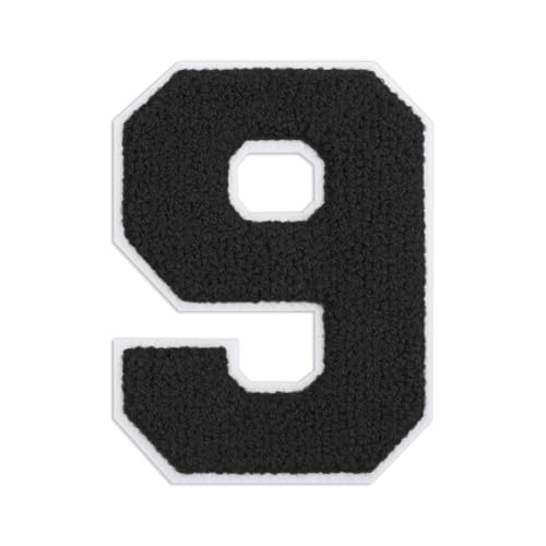 QianSiLi Chenille-Aufnäher zum Aufbügeln für Kleidung, bestickt, zum Aufbügeln, Zahlen für Fußball-Shirts, Kleidung, Jacke, Kapuzenpullover, Varsity (Schwarz, 9) von QianSiLi