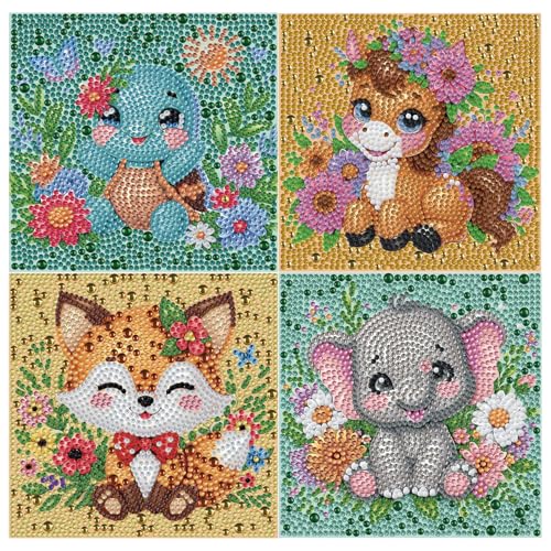 Qianbaiuk 4 Stück Diamond Painting Kinder Diamond Painting Tiere DIY Mosaikherstellung Basteln Mädchen Junge Geschenk und Home Wand Dekor (6x6 Zoll) von Qianbaiuk