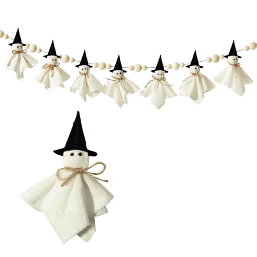 Halloween-Geisterbanner zum Aufhängen, Holzperlen, Schnurgirlande mit 7 weißen Geisterhexen-Figuren für Kamin, Kaminsims (mehrfarbig, 7 Stück) von Qianderer