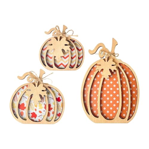 Qianly 3 Stück Kürbis Dekoration für Erntedankfest Holzfiguren Als Herbstschmuck Und Tischaufsteller Aus Robustem Holz für Tischplatte Regal Und Als Aufmerk, Style B von Qianly