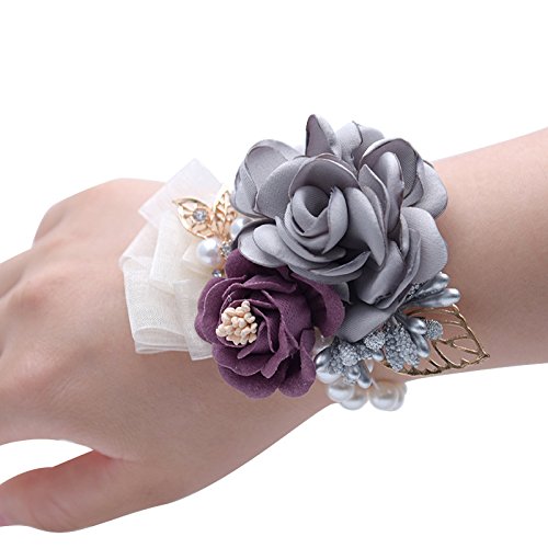 Braut Handgelenk Blume Hochzeitsaccessoires Handgelenk Corsage Perlen Braut Blume Armband Blumenarmband Brautjungfer Hand Blume Brautaccessoires für Hochzeit, Tanz, Abschlussballparty, Bankett grau von Qiantull