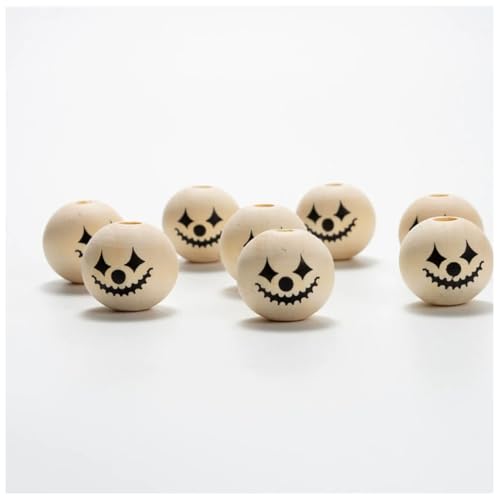 Qiantull 100 Stück Halloween Holzperlen Runde Holz Perlen mit Halloween Muster Holzperlen Lose Perlen zum Basteln Schmuckherstellung Zubehör für DIY Armband Halskette Naturholz 20mm von Qiantull
