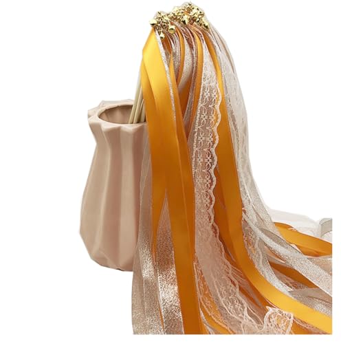 Qiantull 10x Wedding Wands Hochzeit Stäbe mit Glöckchen und Spitzeband Feenstäbe Ribbon Glitzer Zauberstäbe Hochzeit Luftschlangen Zauberstäbe Spitzenfeenstab für Hochzeit, Geburtstag, Partyorange von Qiantull