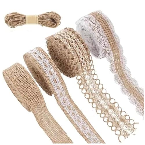 Qiantull 4 Rollen Juteband Vintage Spitzenband Natürliche Jute Band Dekoband Sackleinen Bänder Jute Stoffband Geschenkband Bastelband für DIY Handwerk Weihnachten Hochzeit Deko mit Hanfseil von Qiantull