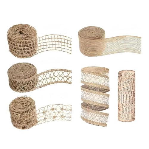 Qiantull 5 Rollen Juteband Vintage Spitzenband Natürliche Jute Band Dekoband Sackleinen Bänder Jute Stoffband Geschenkband Bastelband für DIY Handwerk Weihnachten Hochzeit Deko mit Hanfseil von Qiantull