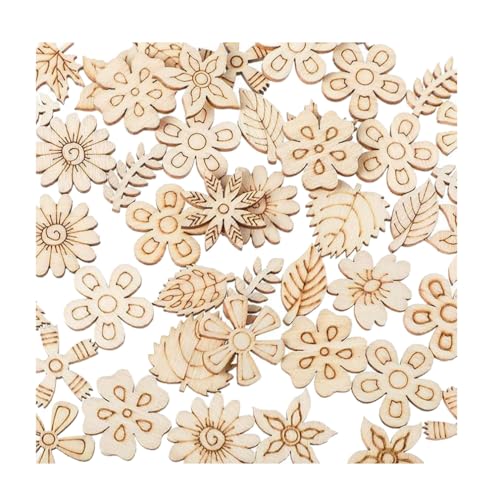 Qiantull 50 Stück Holzscheiben Streudeko Holz Blumen Blätter Scheiben Kleine Holzblätter Holzblumen zum Basteln Blatt Streudeko Tischdeko für DIY Handwerk Scrapbooking Verzierungen Set 1# von Qiantull