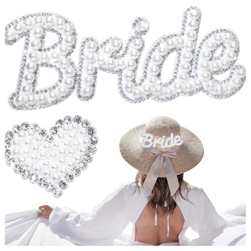 Qiantull Aufnäher zum Aufbügeln Set Bride Applikationen Herz Patch Aufkleber mit Perlen Strass Hochzeit Bride Aufnäher DIY Zubehör für Kleidung Stoff Hüte Taschen Dekoration Weiß von Qiantull